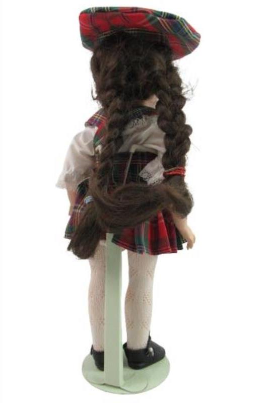 Vintage Jointed Composition Doll Brown Hair Red Green Plaid Jumper Tam Stand