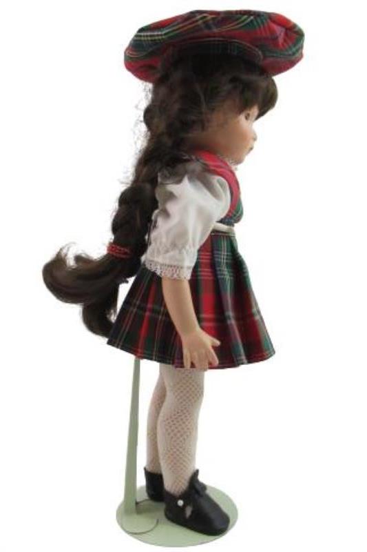 Vintage Jointed Composition Doll Brown Hair Red Green Plaid Jumper Tam Stand
