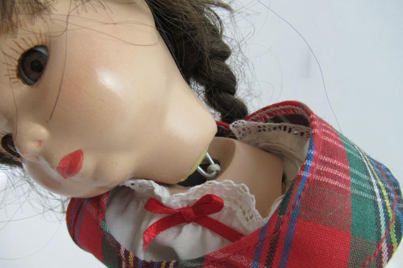 Vintage Jointed Composition Doll Brown Hair Red Green Plaid Jumper Tam Stand