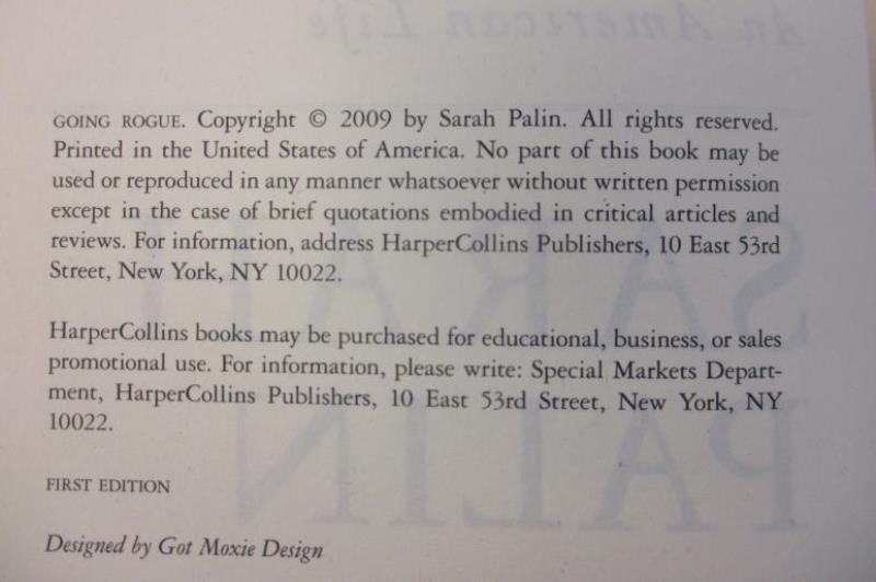 Going Rogue An American Life Sarah Palin 2009 First Edition Hardcover Book