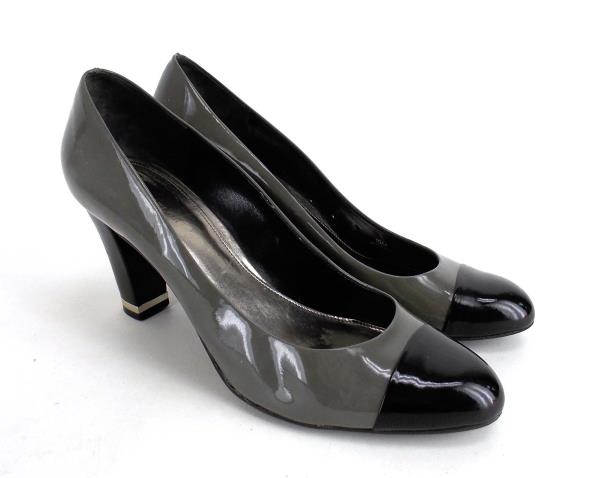 ANN TAYLOR Gray & Black Patent Cap Toe "Shelby" Heels Career Professional Sz 10