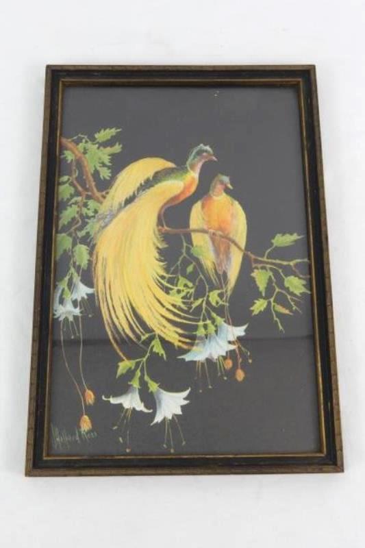 Vintage Framed J Halford Ross Chromolithograph Print Pheasants On A Tree Limb
