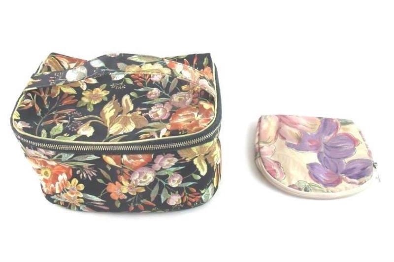 Lot of 2 Vintage Cosmetic Makeup Bags Floral Small Medium Black Orange
