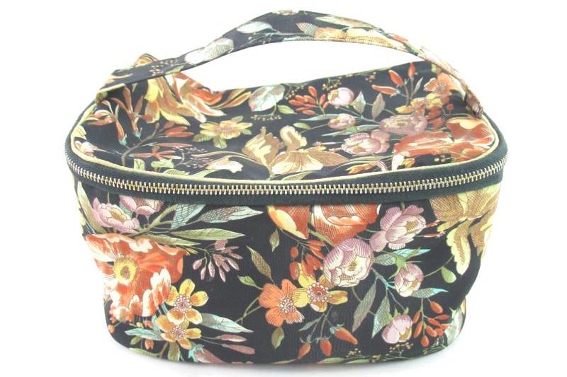 Lot of 2 Vintage Cosmetic Makeup Bags Floral Small Medium Black Orange