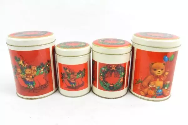 Vintage Lot of 4 Christmas Tins Empty Teddy Bear Toys Pattern Unbranded