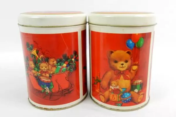 Vintage Lot of 4 Christmas Tins Empty Teddy Bear Toys Pattern Unbranded