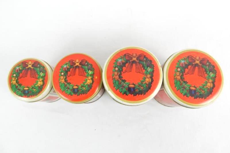Vintage Lot of 4 Christmas Tins Empty Teddy Bear Toys Pattern Unbranded