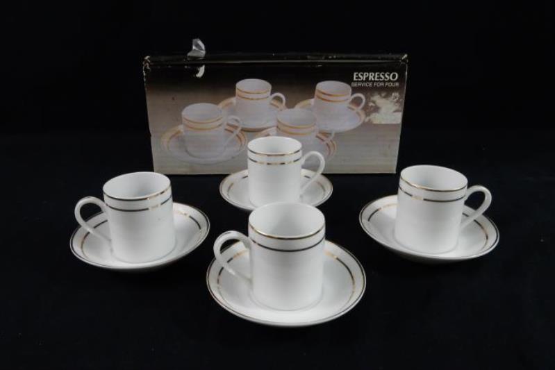 Homeworld Espresso Service For Four Cups and Saucer Set White Gold Tone