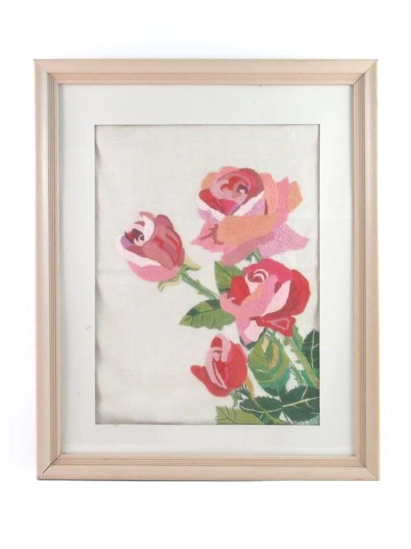 Vintage Homemade Completed Crewel Embroidery Piece Roses Framed And Matted