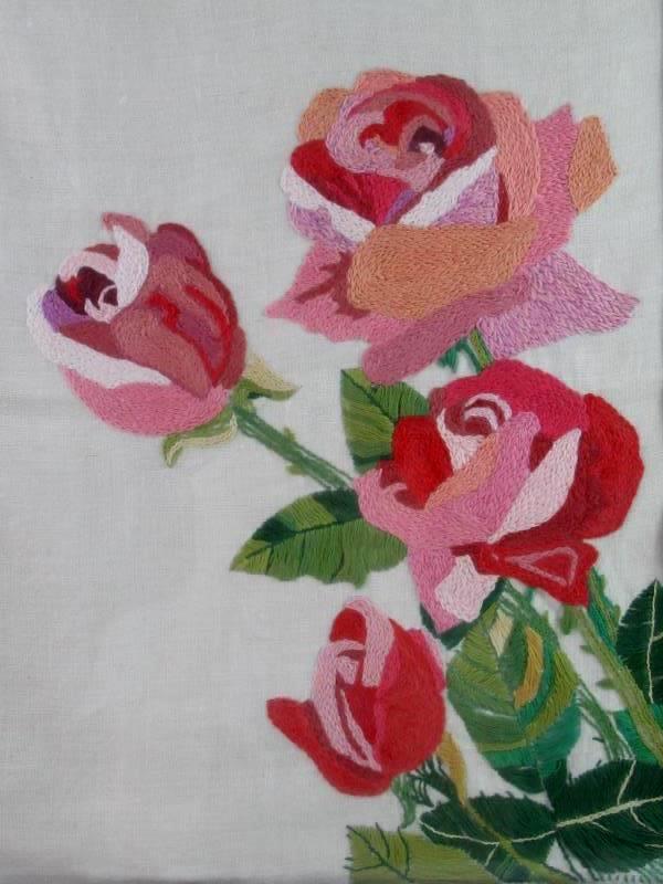 Vintage Homemade Completed Crewel Embroidery Piece Roses Framed And Matted