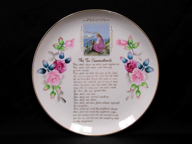 Porcelain Collectors Plate The Ten Commandments White With Roses