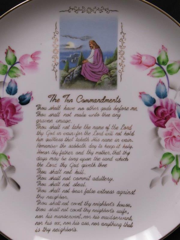 Porcelain Collectors Plate The Ten Commandments White With Roses