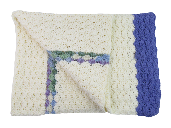 Vintage Hand Crochet Knit Afghan Throw Blanket Purple Pale Yellow Green Small