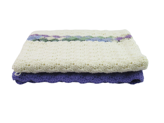 Vintage Hand Crochet Knit Afghan Throw Blanket Purple Pale Yellow Green Small