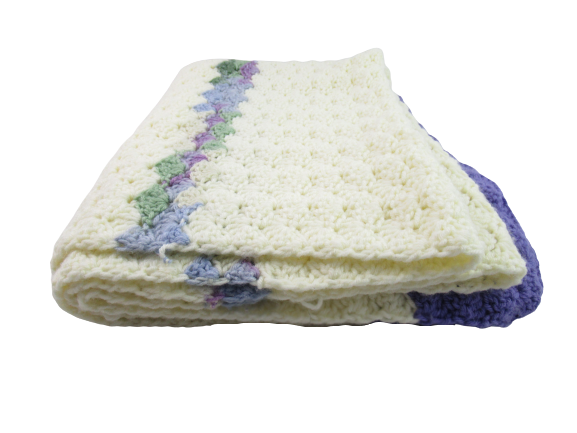 Vintage Hand Crochet Knit Afghan Throw Blanket Purple Pale Yellow Green Small