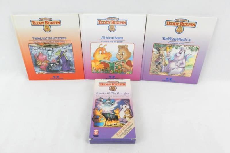 Lot of 3 Vintage 1985 Teddy Ruxpin Hardcover Books and 1 VHS Tape 1987