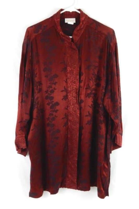 Vintage California Style Floral Red Satin Top Women's Size XL Long Sleeve