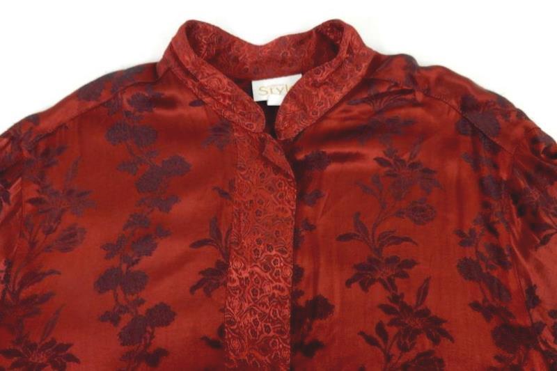 Vintage California Style Floral Red Satin Top Women's Size XL Long Sleeve