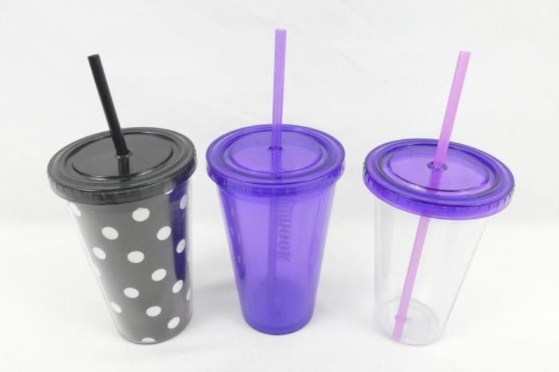 Lot of 3 Tumbler Cups with Straws Black White Polka Dot Purple Clear Tillamook
