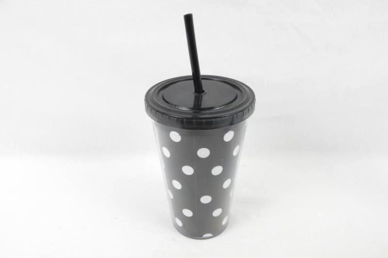 Lot of 3 Tumbler Cups with Straws Black White Polka Dot Purple Clear Tillamook