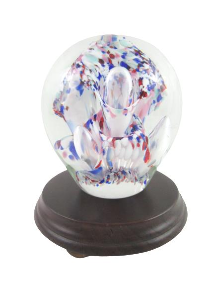 Hand Blown Art Glass Paper Weight With Stand Red White Blue Millefiori Bubbles