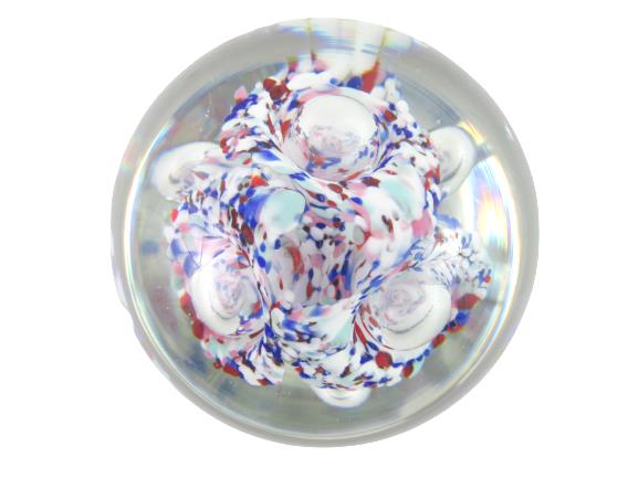 Hand Blown Art Glass Paper Weight With Stand Red White Blue Millefiori Bubbles