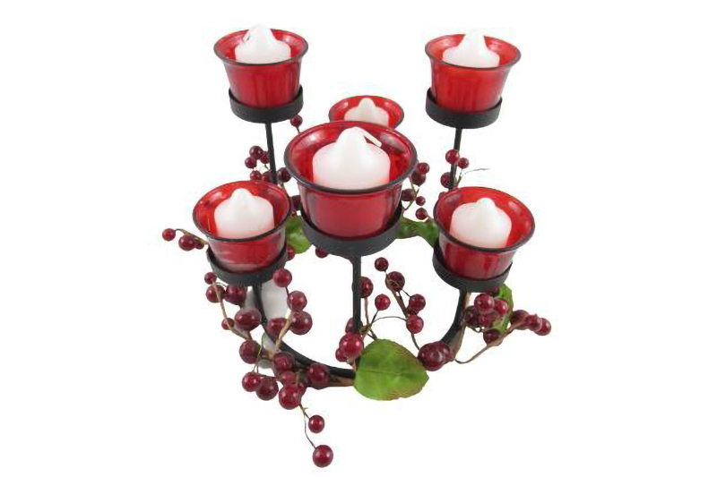 Wrought Iron Votive Candelabra Centerpiece Red With Berry Ring