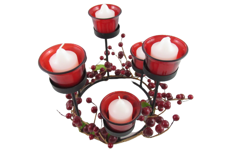 Wrought Iron Votive Candelabra Centerpiece Red With Berry Ring