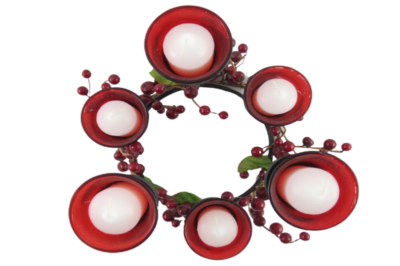 Wrought Iron Votive Candelabra Centerpiece Red With Berry Ring