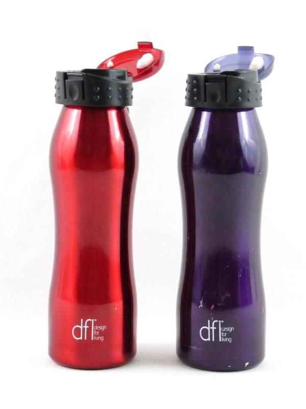 Lot of 2 Lifetime Brand Flip Top Metal Water Bottles Red Purple DFL Keychain