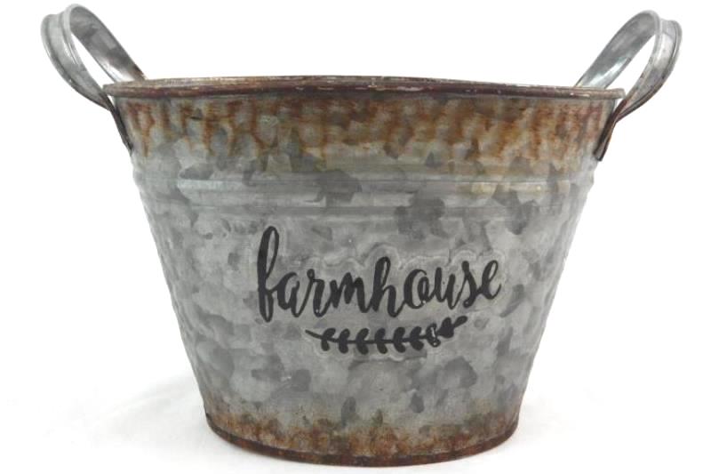 Rustic Farmhouse Tin Basket Decorative Decor Gray Textured Double Handles