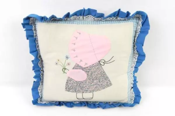Vintage Cross Stitch Quilt Throw Pillow Girl Holding Flowers Ruffle Trim Lace