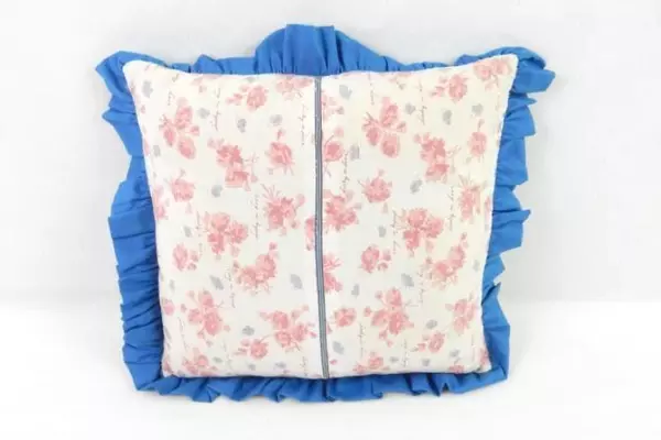 Vintage Cross Stitch Quilt Throw Pillow Girl Holding Flowers Ruffle Trim Lace