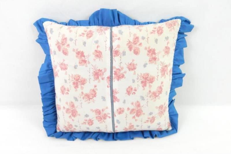 Vintage Cross Stitch Quilt Throw Pillow Girl Holding Flowers Ruffle Trim Lace