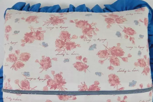 Vintage Cross Stitch Quilt Throw Pillow Girl Holding Flowers Ruffle Trim Lace
