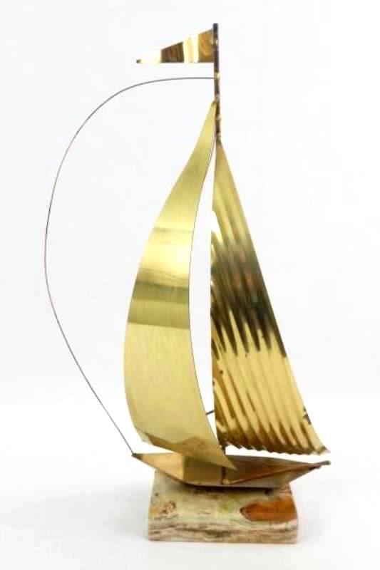 Midcentury Modern Brass Sailboat Sculpture On Marble Base