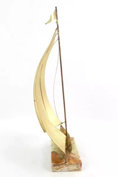 Midcentury Modern Brass Sailboat Sculpture On Marble Base
