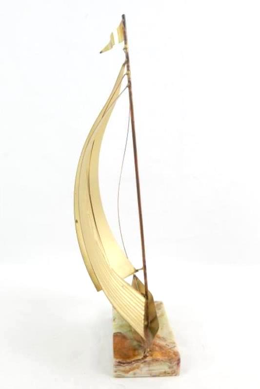 Midcentury Modern Brass Sailboat Sculpture On Marble Base