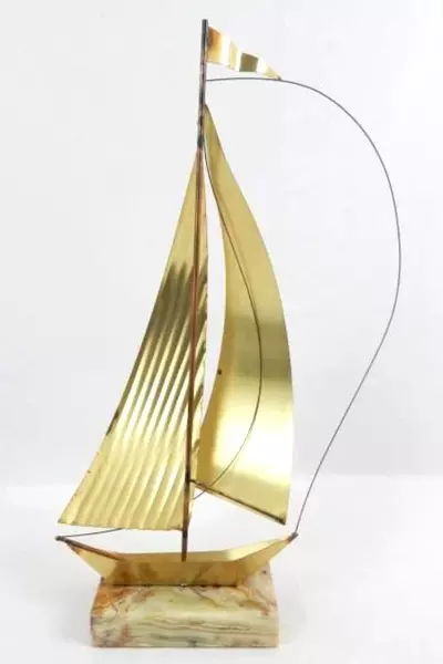 Midcentury Modern Brass Sailboat Sculpture On Marble Base