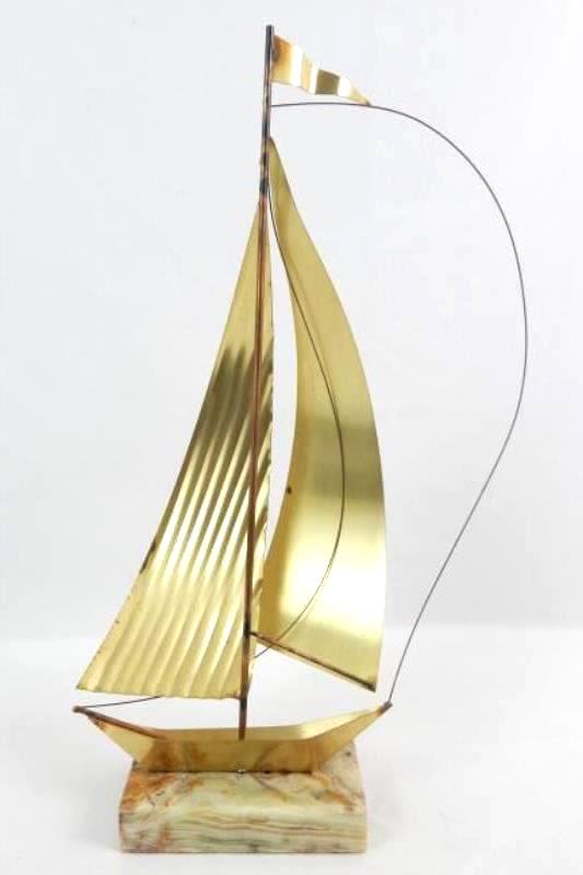 Midcentury Modern Brass Sailboat Sculpture On Marble Base
