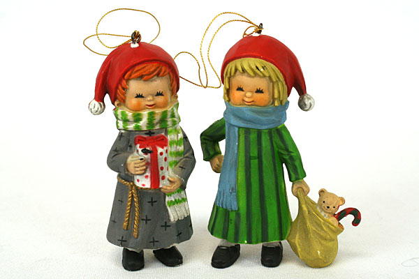 Set of 2 Ceramic Ornaments Boy and Girl with Presents Hong Kong