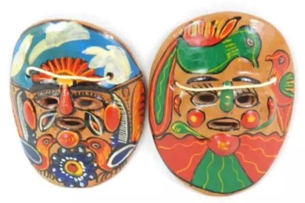 Lot of 2 Vintage Folk Art Terracotta Pottery Wall Masks Hand Painted Small