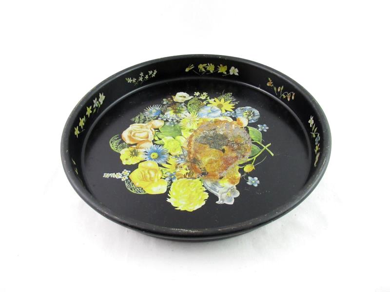 Vintage Metal Serving Tray For Re-Purpose DIY Crafting Floral Black