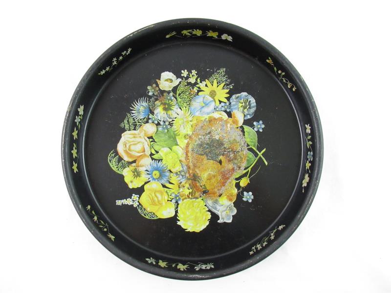 Vintage Metal Serving Tray For Re-Purpose DIY Crafting Floral Black