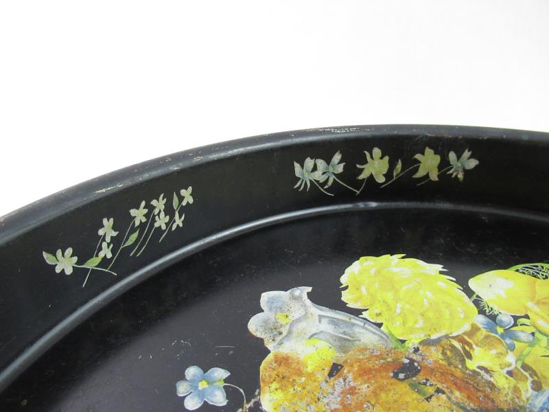 Vintage Metal Serving Tray For Re-Purpose DIY Crafting Floral Black