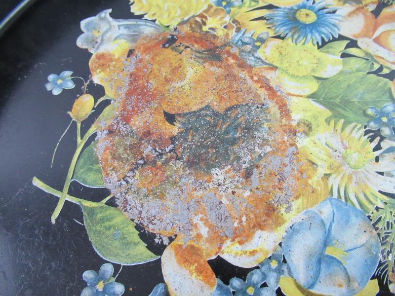 Vintage Metal Serving Tray For Re-Purpose DIY Crafting Floral Black