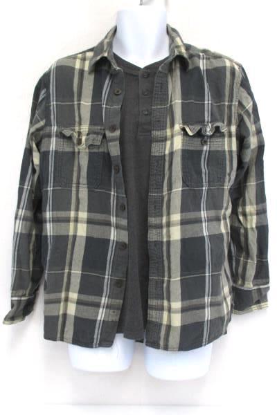 Men's Casual Long Sleeve Gray Henley Sonoma Plaid Button Up Shirts Medium