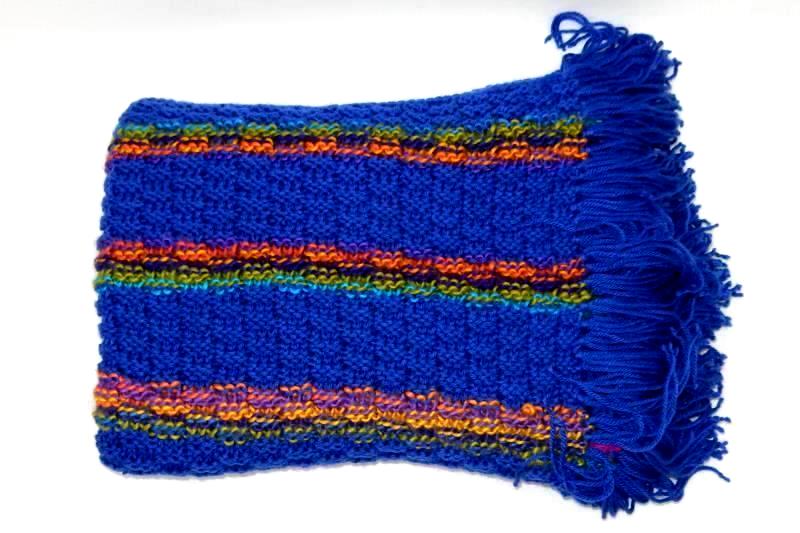Homemade Crochet Knit Scarf Wrap Blue Fringe End Cross Charm Accent