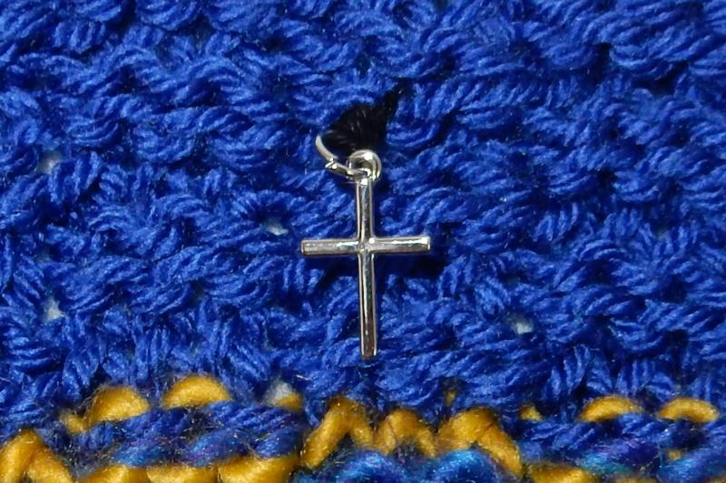 Homemade Crochet Knit Scarf Wrap Blue Fringe End Cross Charm Accent