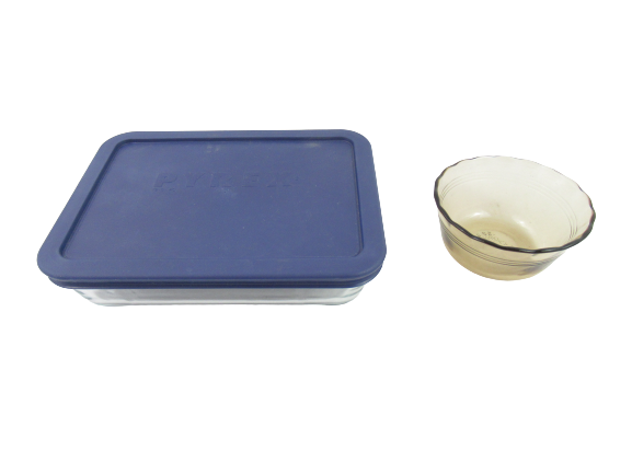 Lot of 2 Pyrex Dishes Custard Bowl 7210 Dish With Lid Blue Smokey Glass